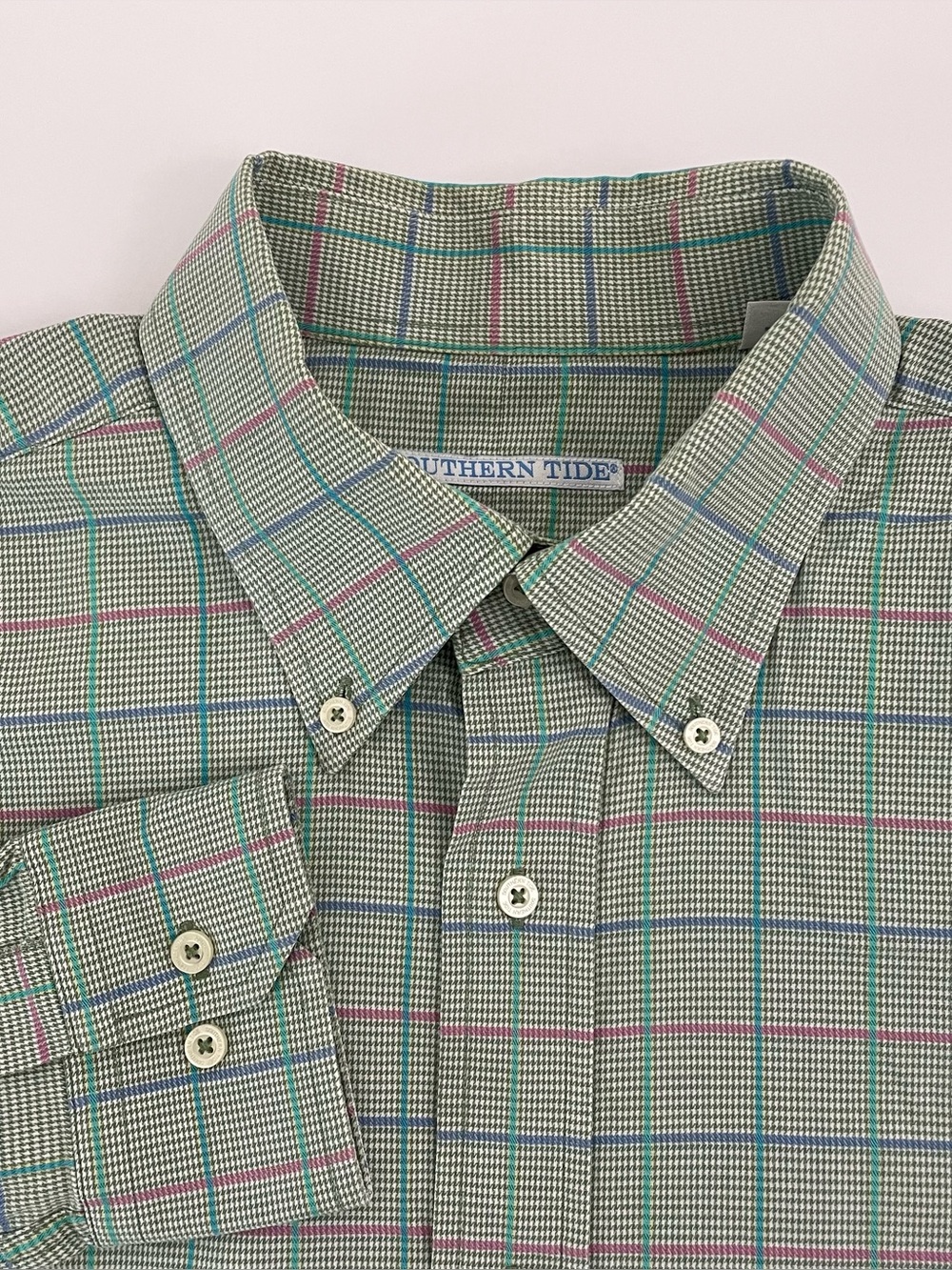 Southern Tide Men's XL Green Plaid Long Sleeve Cotton Blend Button-Up Shirt